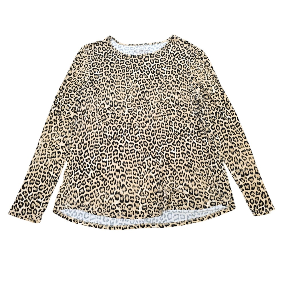 Chicos Leopard Print Top Womens Size 2 US XL Tan Black Long Sleeve Rayon Stretch